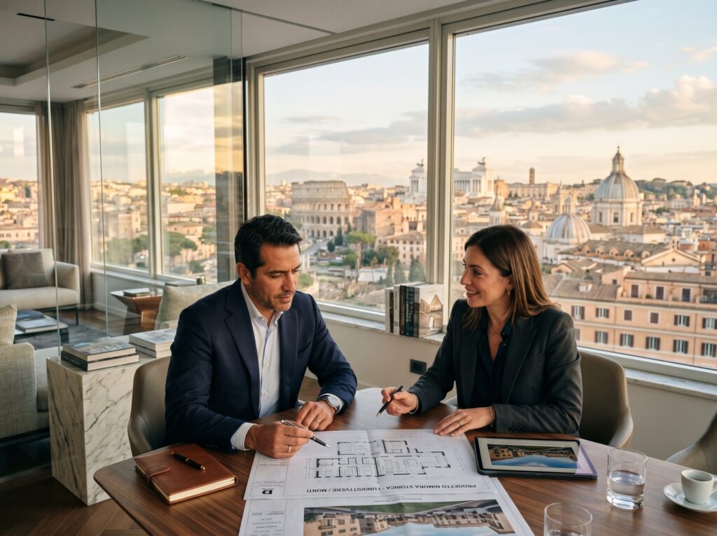 Inversionista latinoamericano analizando oportunidades inmobiliarias en Roma junto a un asesor especializado en bienes raíces sobre como Vivir en Roma