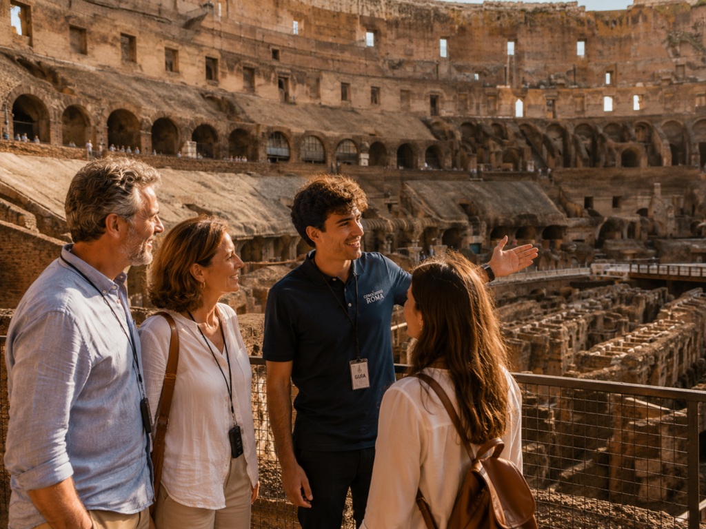 Familia disfrutando de una visita guiada por el interior del Coliseo, una de las mejores experiencias y tours en Roma.