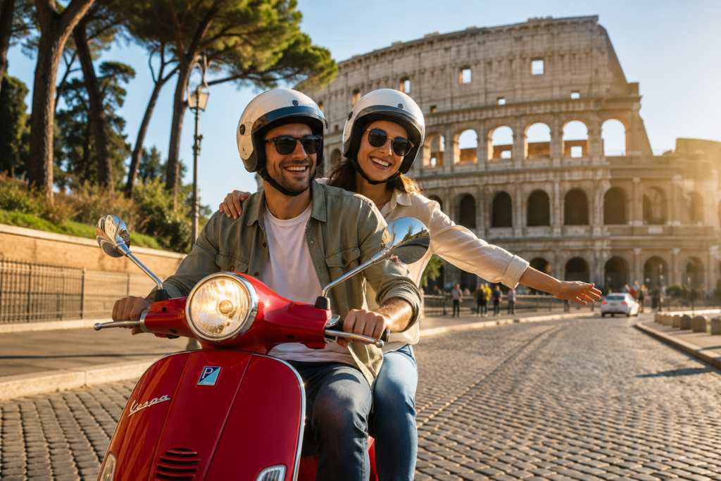 Pareja recorriendo las calles de Roma en una Vespa durante un tour guiado con el Coliseo al fondo.