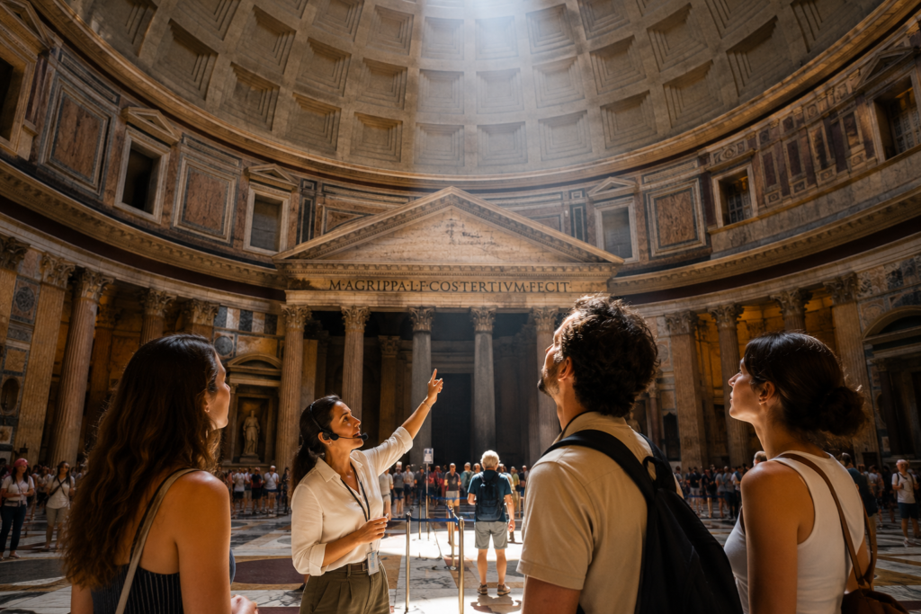 Grupo de viajeros descubriendo el interior del Panteón de Roma durante una visita con audioguía, admirando la cúpula y el óculo central.