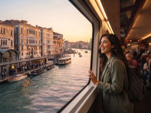 Tren de alta velocidad llegando a la estación Venezia Santa Lucia con vistas al Gran Canal durante un viaje de Roma a Venecia.