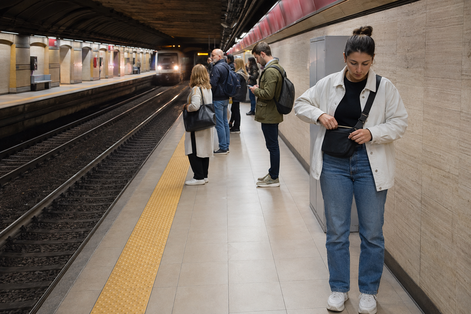 Pasajeros esperando el metro de Roma con sus pertenencias protegidas