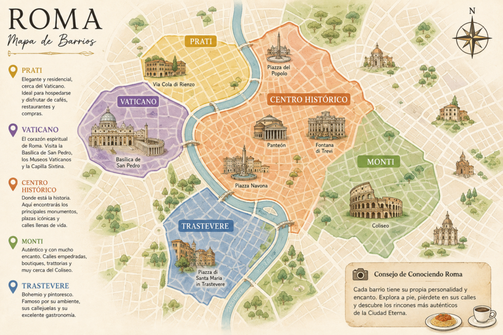 Mapa de los mejores barrios para comer en Roma.