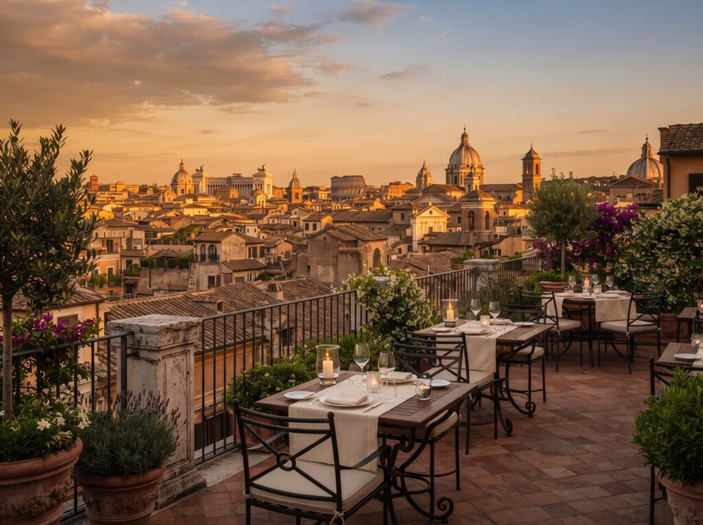 Hotel con terraza en Roma al atardecer con vistas a cúpulas y tejados históricos