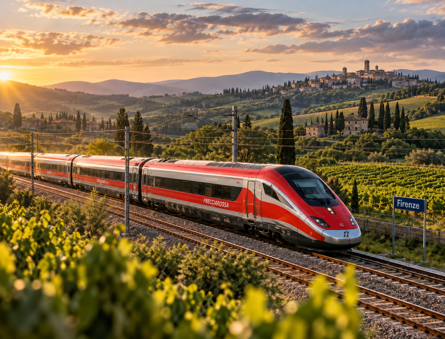 Tren de alta velocidad viajando por Italia entre Roma y Florencia