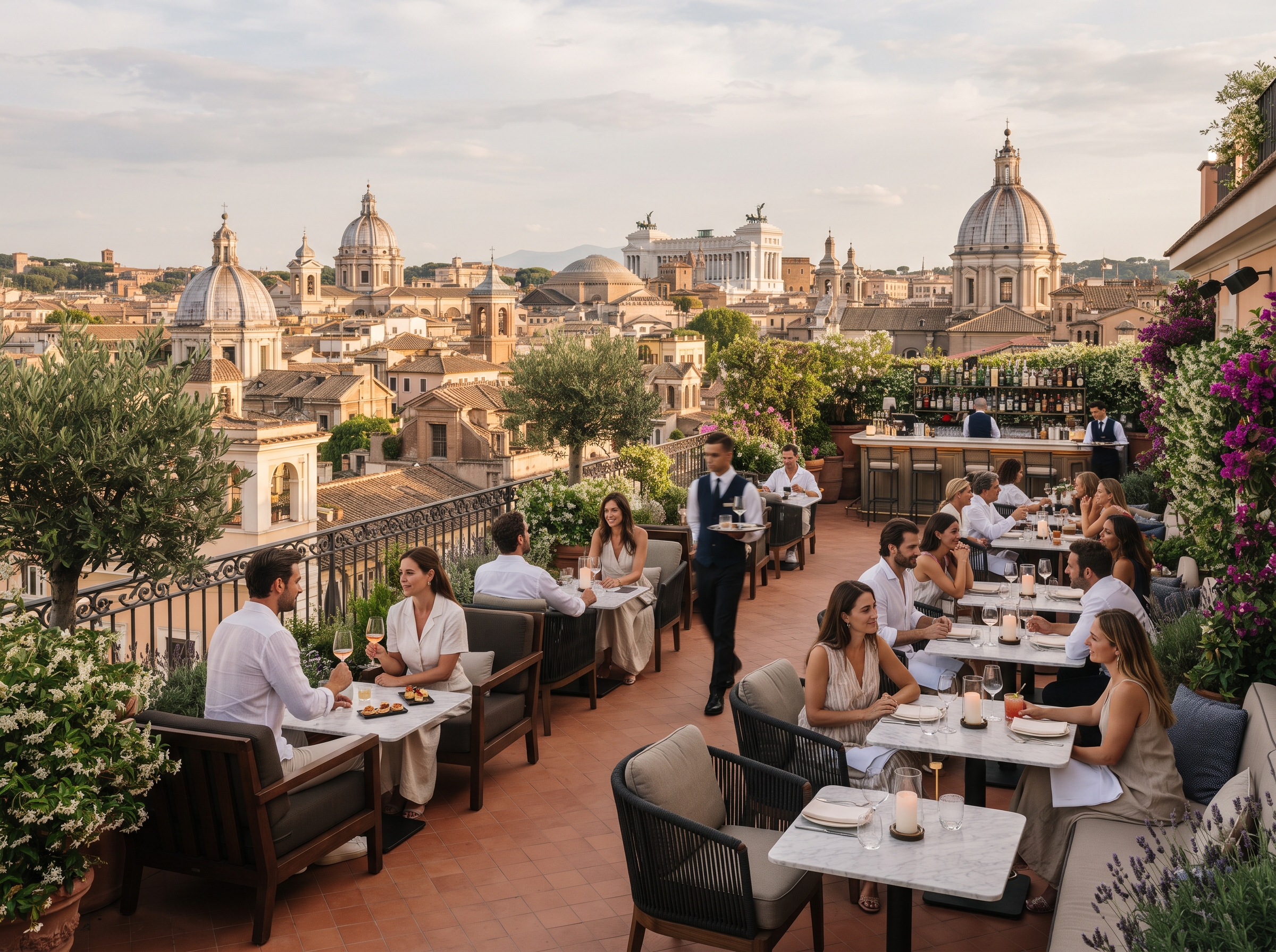 Rooftop de hotel en Roma con terraza común y vistas panorámicas