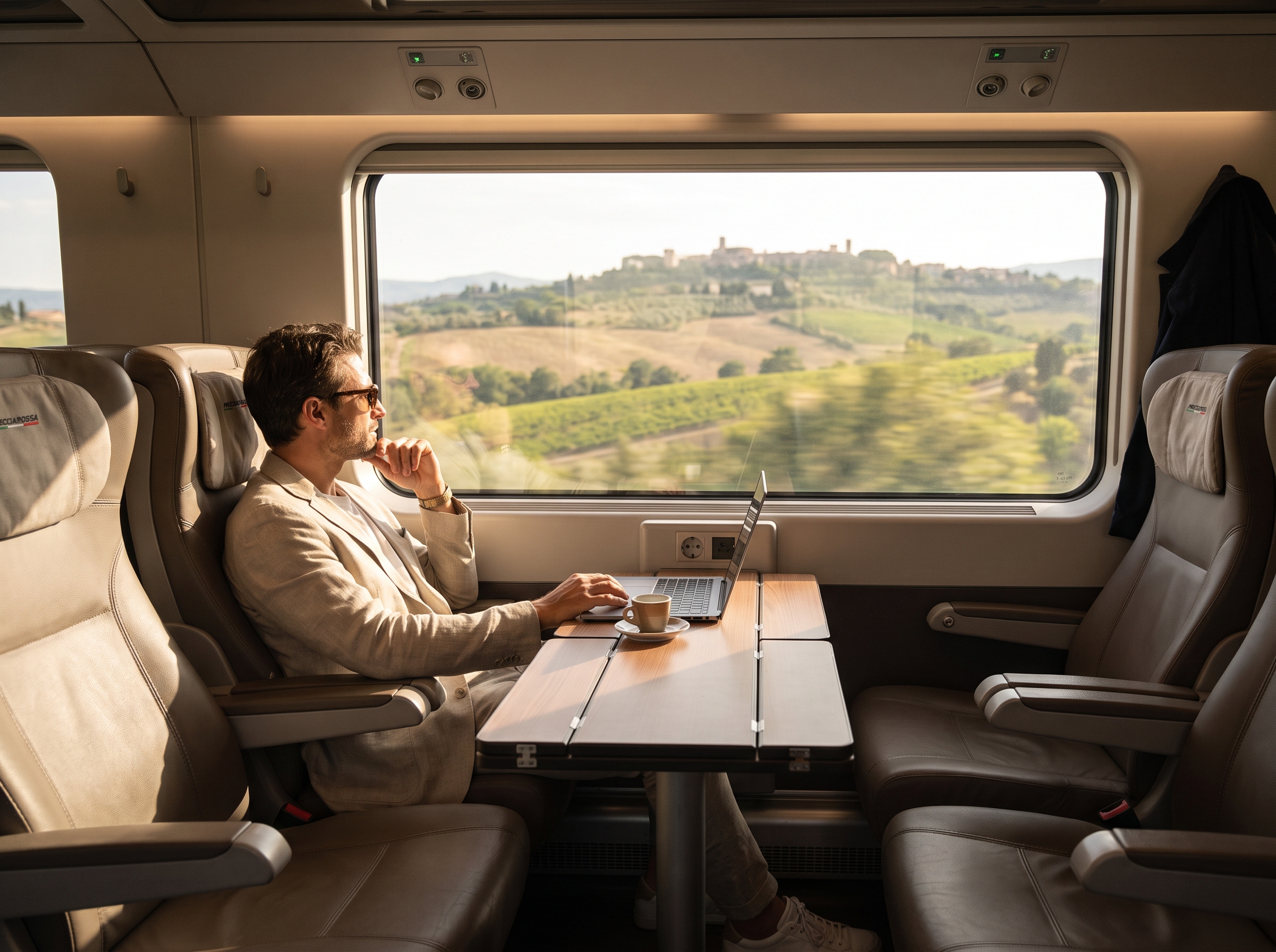 Interior cómodo de un tren de alta velocidad en Italia