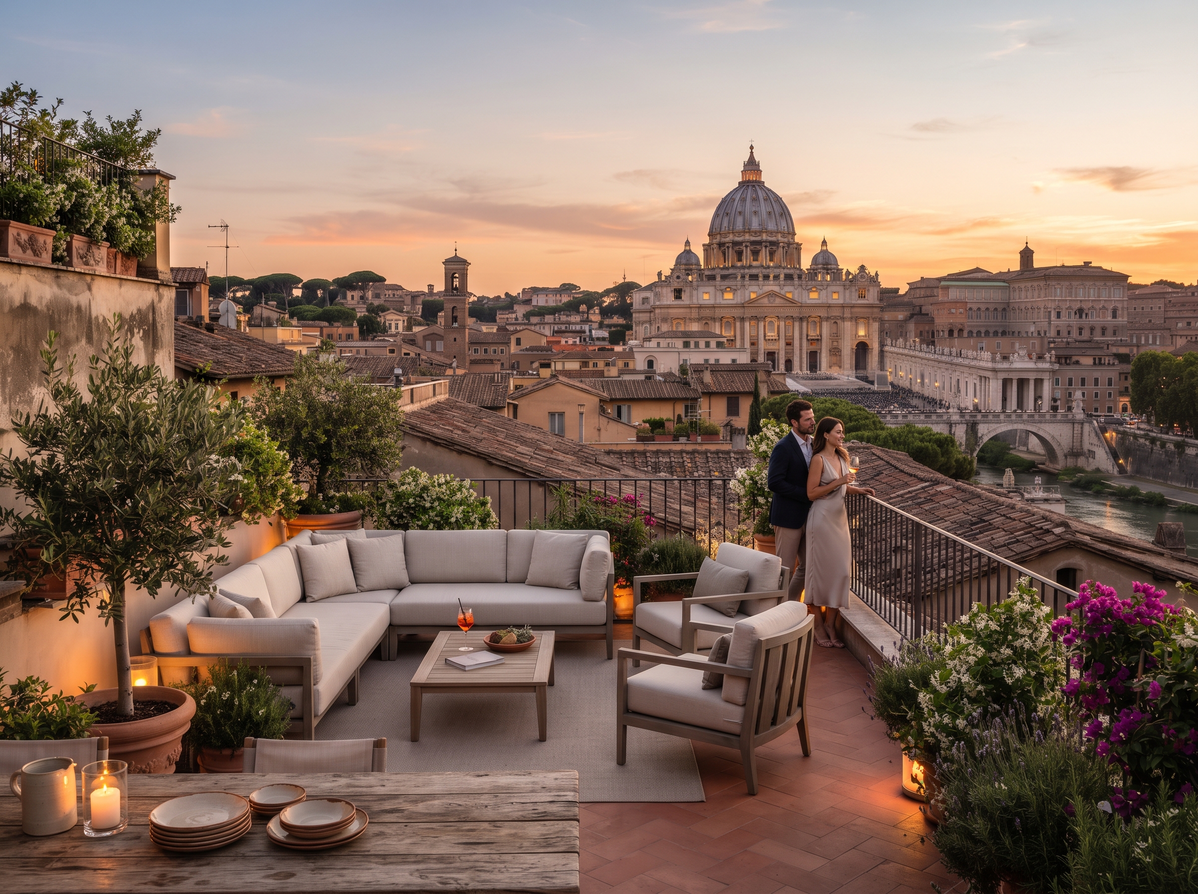 Terraza panorámica de hotel en Roma con vistas hacia el Vaticano y la ciudad