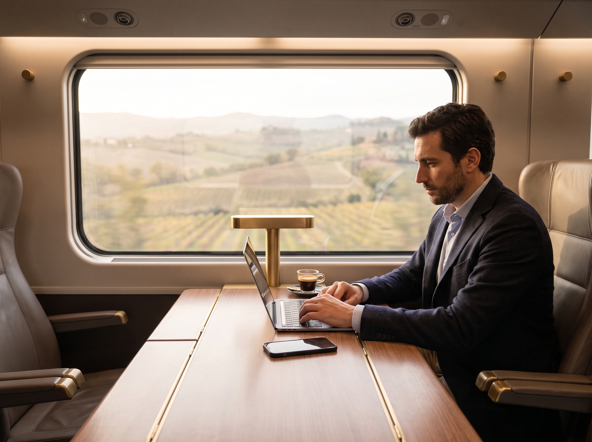 Viajero trabajando con portátil y Wi-Fi en un tren italiano