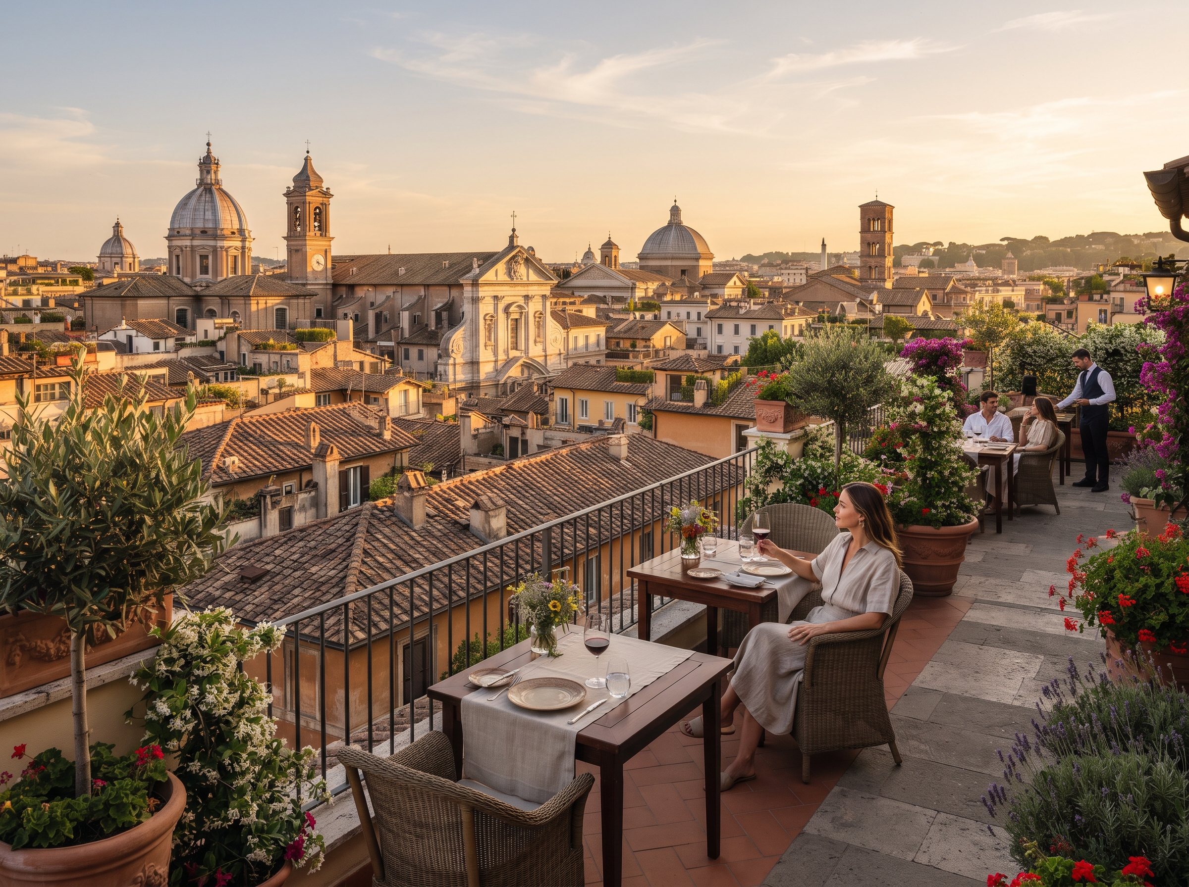 Terraza de hotel en el centro histórico de Roma con vistas a tejados y arquitectura de la ciudad