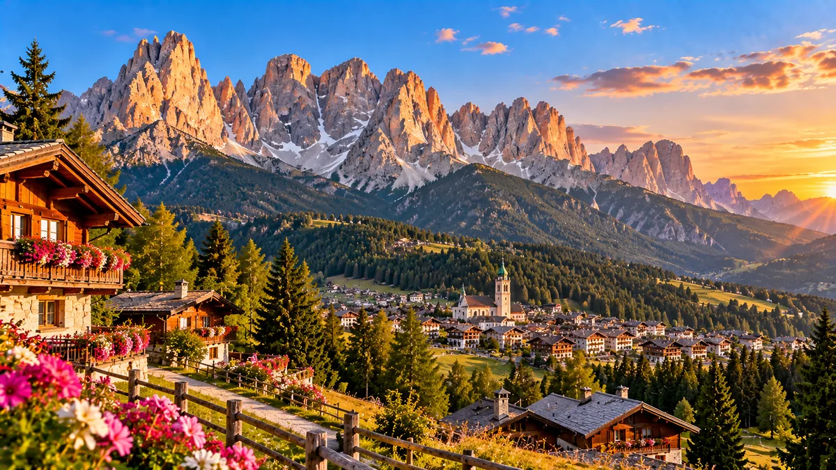 Paisaje de los Dolomitas con montañas y pueblo alpino en Italia