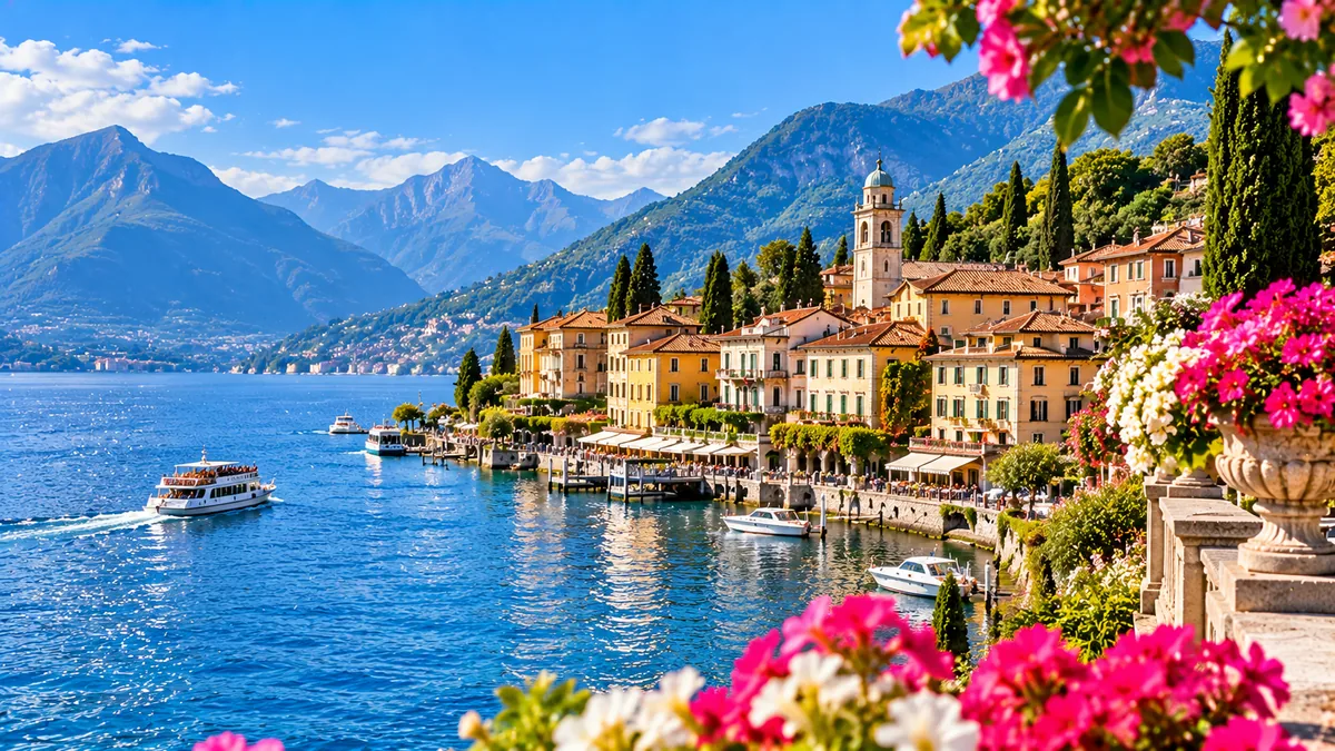 Lago de Como con pueblo italiano, montañas y embarcaciones