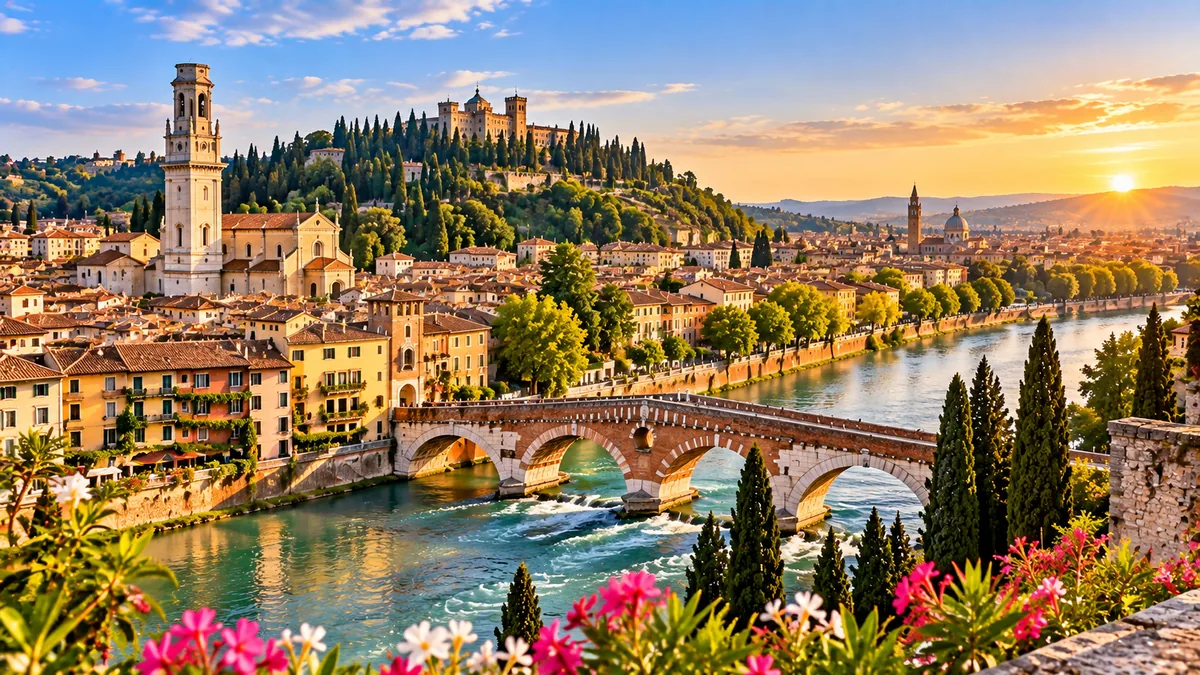 Verona al atardecer con el río Adigio y sus puentes históricos