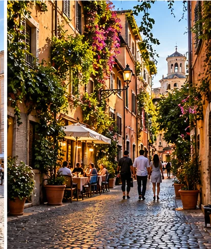 Calle de Trastevere con fachadas cálidas y terrazas