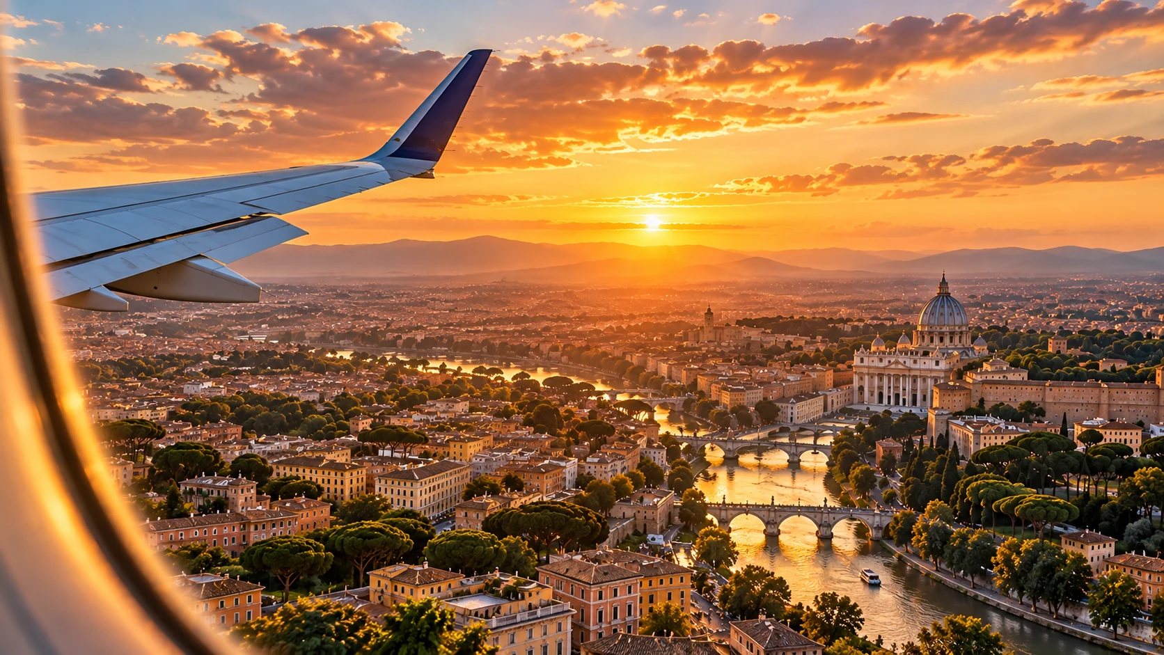 Vista aérea ilustrada de Roma desde la ventanilla de un avión al atardecer