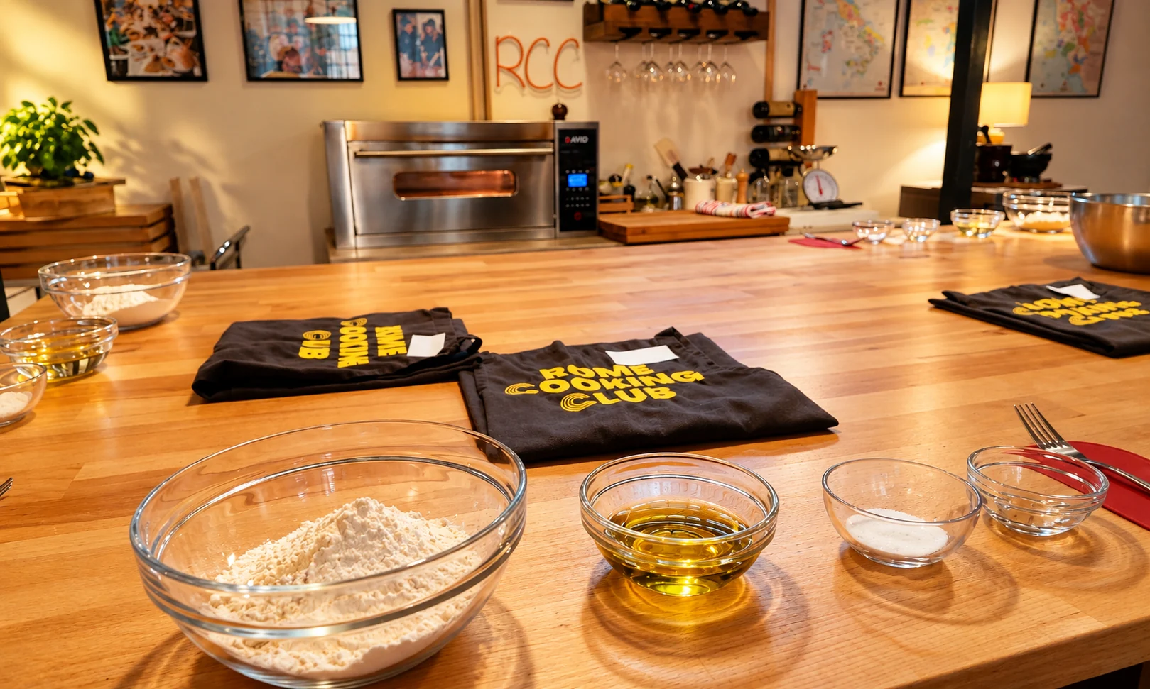 Harina, aceite de oliva y utensilios preparados para elaborar masa de pizza romana