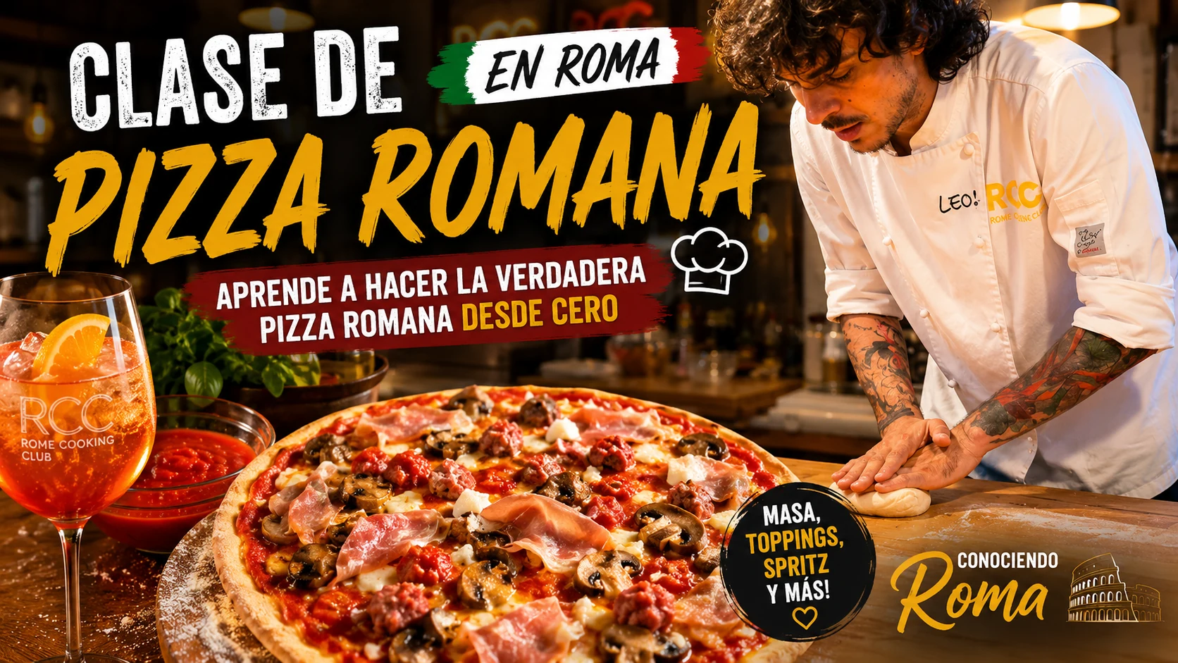 Clase de pizza romana en Roma con chef, pizza artesanal y Aperol Spritz