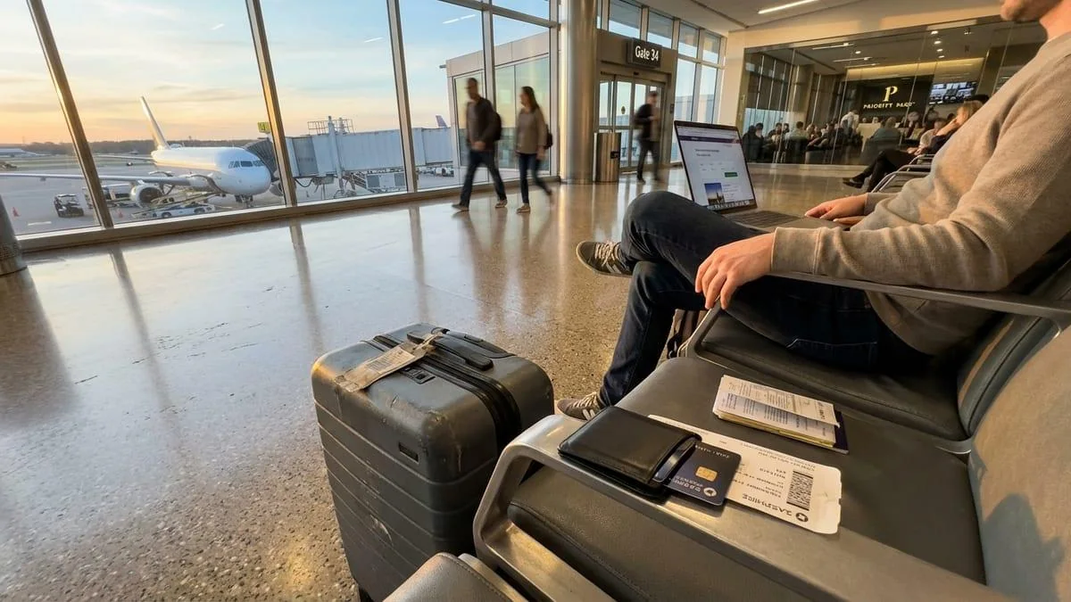 Viajero esperando en un aeropuerto con equipaje y ordenador portátil